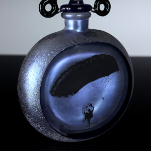 Torchworked Glass Stopper</br>Furnace Blown Bottle and Enamel</br>4 x 2 x 12”</br>2021