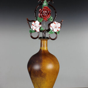 Torchworked Glass Stopper</br>Furnace Blown Bottle</br>9 x 9 x 22”</br>2021