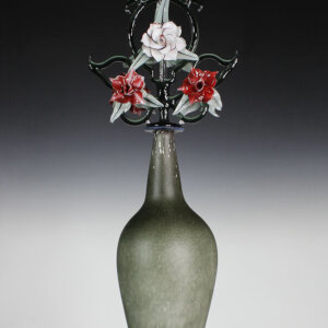 Torchworked Glass Stopper</br>Furnace Blown Bottle</br>8 x 8 x 28”</br>2021