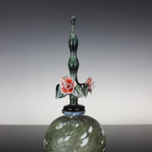 Torchworked Glass Stopper</br>Furnace Blown Bottle</br>4 x 4 x 9”</br>2021
